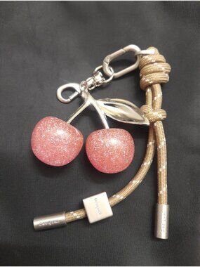 Desigual Glitter Pink Cherry Keychain Bag Charm with Rope Twist Cord